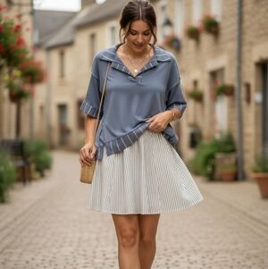 Blue Boxy Sailor Collar Blouse with Short Sleeves